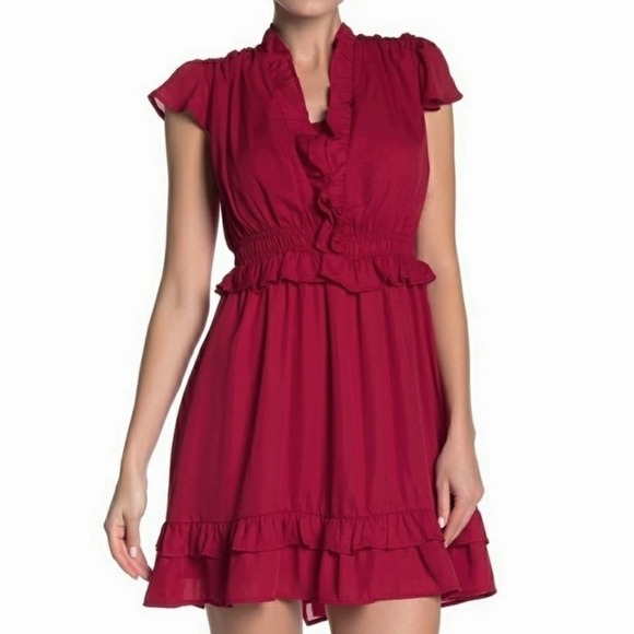 One One Six New with tags Deep Red Ruffle trim V-neck Fit and Flare Dress xs - Picture 1 of 11